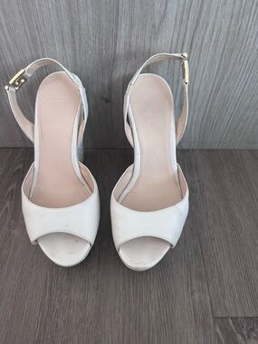 Versace Leather Peep-Toe Slingback Heels in Off-White